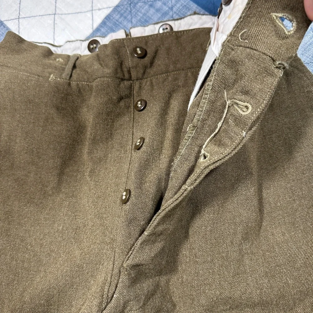 True Vintage 50s Military Wool Trousers Olive Drab Button Fly Suspender Buttons